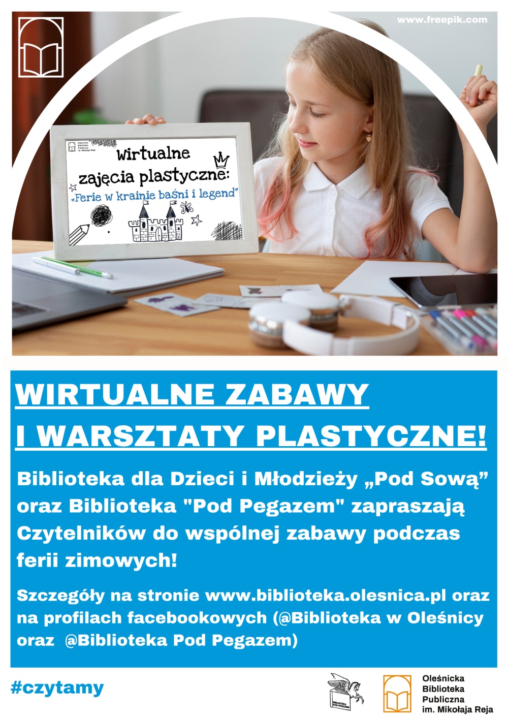 Plakat promujący wirtualne zabawy i warsztaty w ramach ferii zimowych 2022